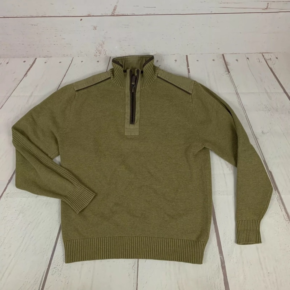 Orvis 1/4 Zip Sweater Medium Tan Green Leather Accents Vintage Fishing